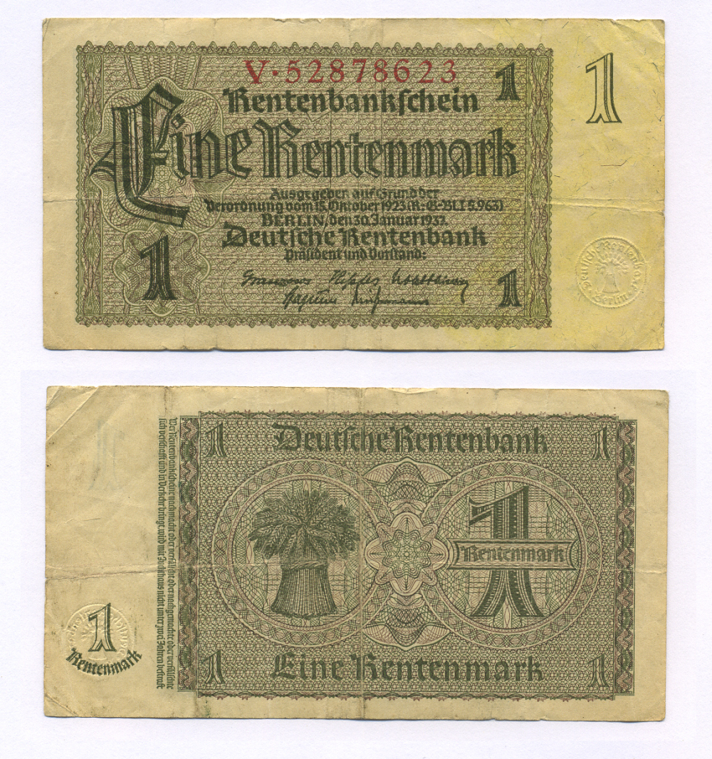 ГЕРМАНИЯ 1 РЕНТЕНМАРКА 1937 8 ЦИФР В НОМЕРЕ Pick 173b бумага 7146-30-3-1