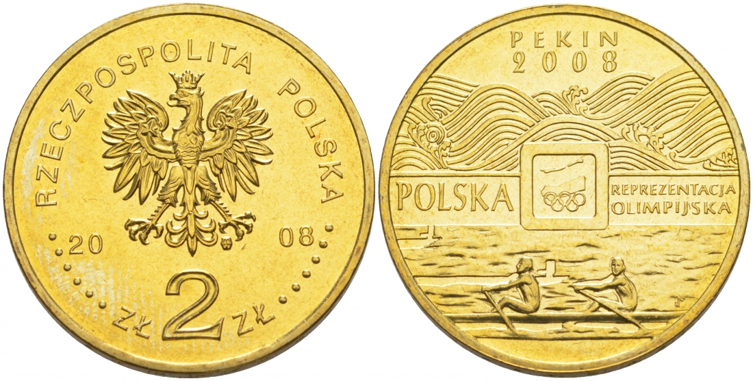 Польша 2 злотых 2008 XXIX Летние Олимпийские игры 2008 года в Пекине, гребля KM 644 латунь UNC M4-20