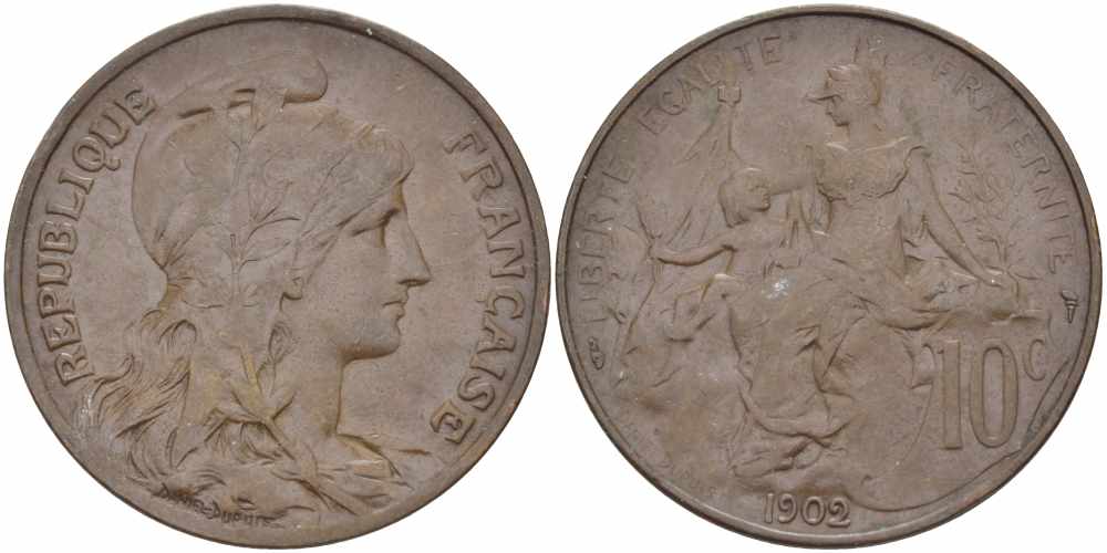 ФРАНЦИЯ 10 САНТИМОВ 1902 ТИП ДАНИЭЛЬ ДЮПЮИ KM 843, LA FRANC 136.12 бронза 109-146