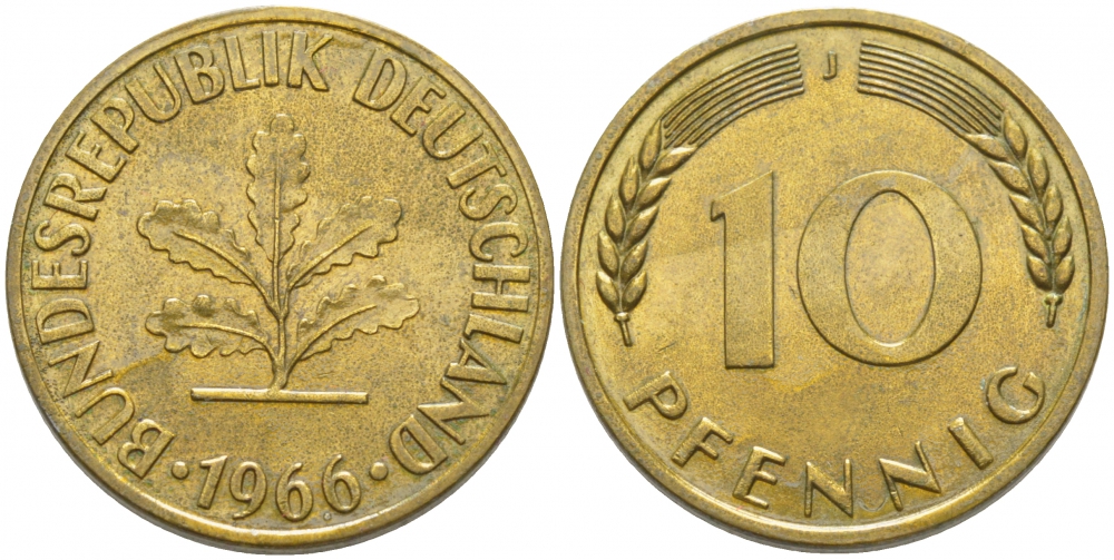 ФРГ 10 ПФЕННИГОВ 1966 J KM 108, J. 383 сталь плакированная латунью 3856-224