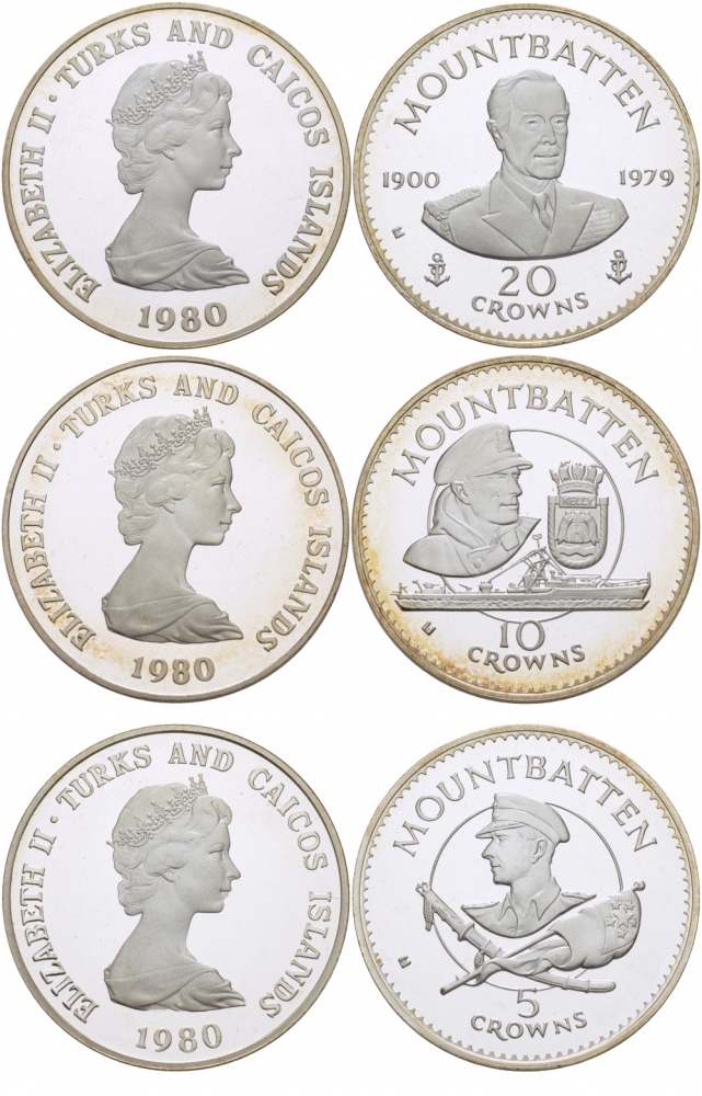 Теркс и Кайкос набор из трех монет, 5, 10, 20 крон 1980 лорд Маунтбеттен (1900-1979), последний вице-король Индии KM 47, 48, 49 серебро PROOF 11-178-33