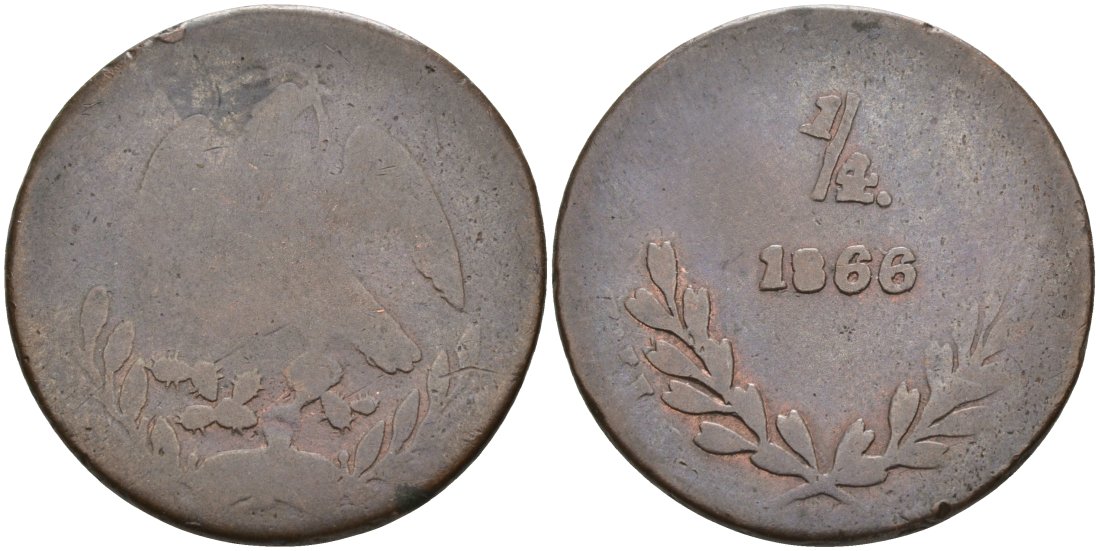 Мексика 1/4 реала 1866 ESTADO DE DURANGO/INDEPENDENCIA Y LIBERTAD KM 349 медь 190-924