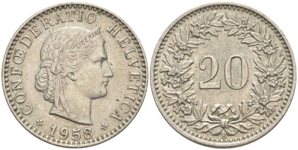 ШВЕЙЦАРИЯ 20 РАППЕНОВ 1958 В KM 29a медно-никель 55-744