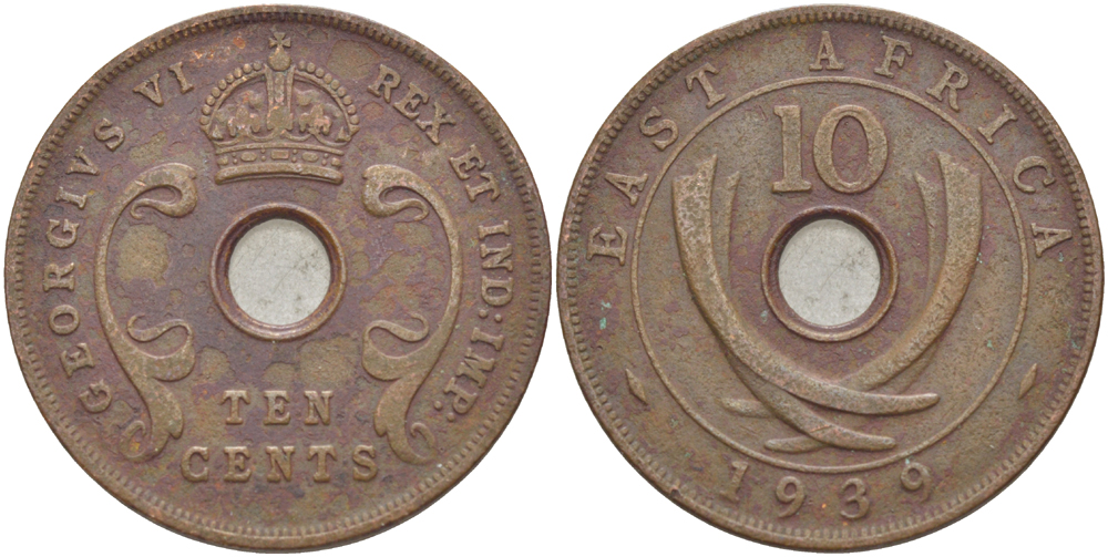 Британская Восточная Африка 10 центов 1939 Георг VI (1936-1952) KM 26.1 бронза 3333-1141