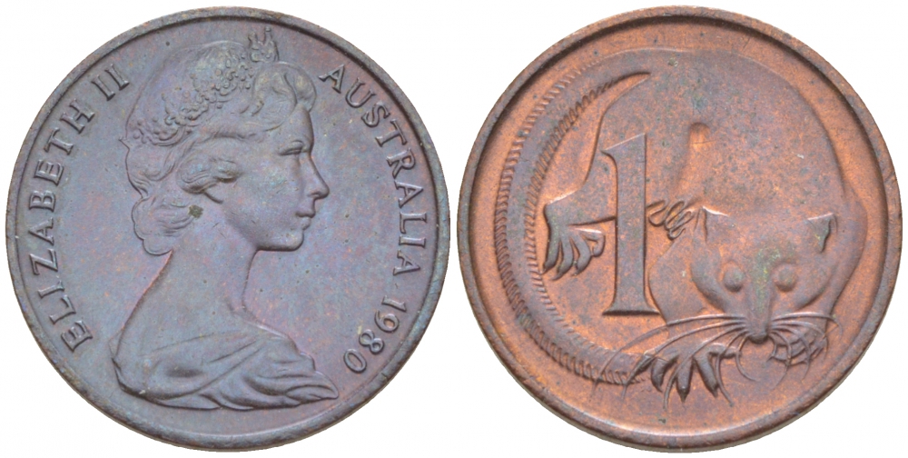 АВСТРАЛИЯ 1 ЦЕНТ 1980 ЕЛИЗАВЕТА II, МОЛОДОЙ ПОРТРЕТ, ОПОССУМ КМ 62 бронза 3851-1117