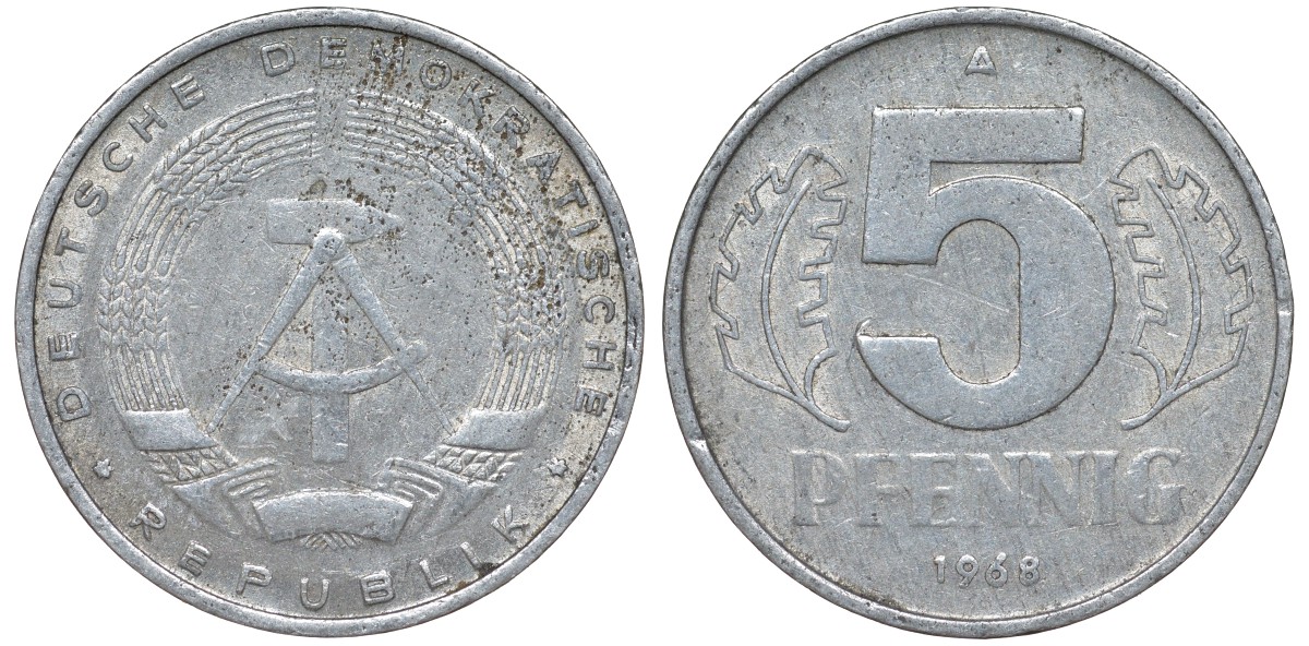 ГДР 5 пфеннигов 1968 A KM 9.1 алюминий 62-131