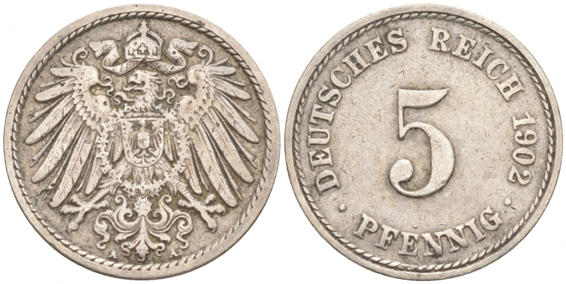 ГЕРМАНИЯ 5 ПФЕННИГОВ 1902 A, KM 11, J. 12 медно-никель 73-1561