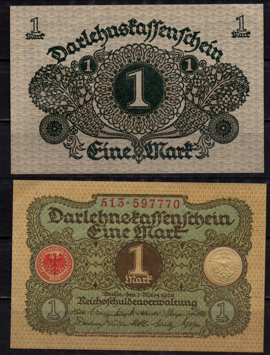 Германия 1 марка 1920 Pick 58 бумага aUNC 7198-20-3-2