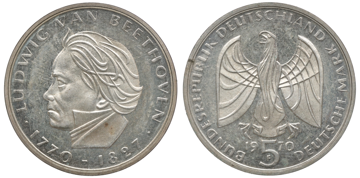 ФРГ 5 марок 1970 F, Людвиг ван Бетховен, в запайке KM 127, J.408 серебро PROOF 2-4-2-45