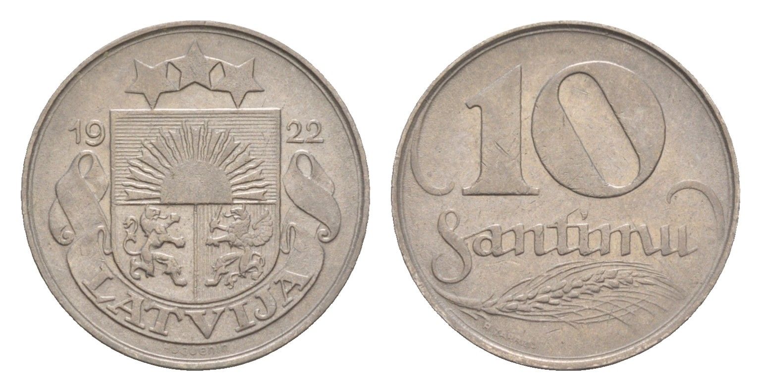 Латвия 10 сантимов 1922 год-тип KM 4 никель 4658-1225