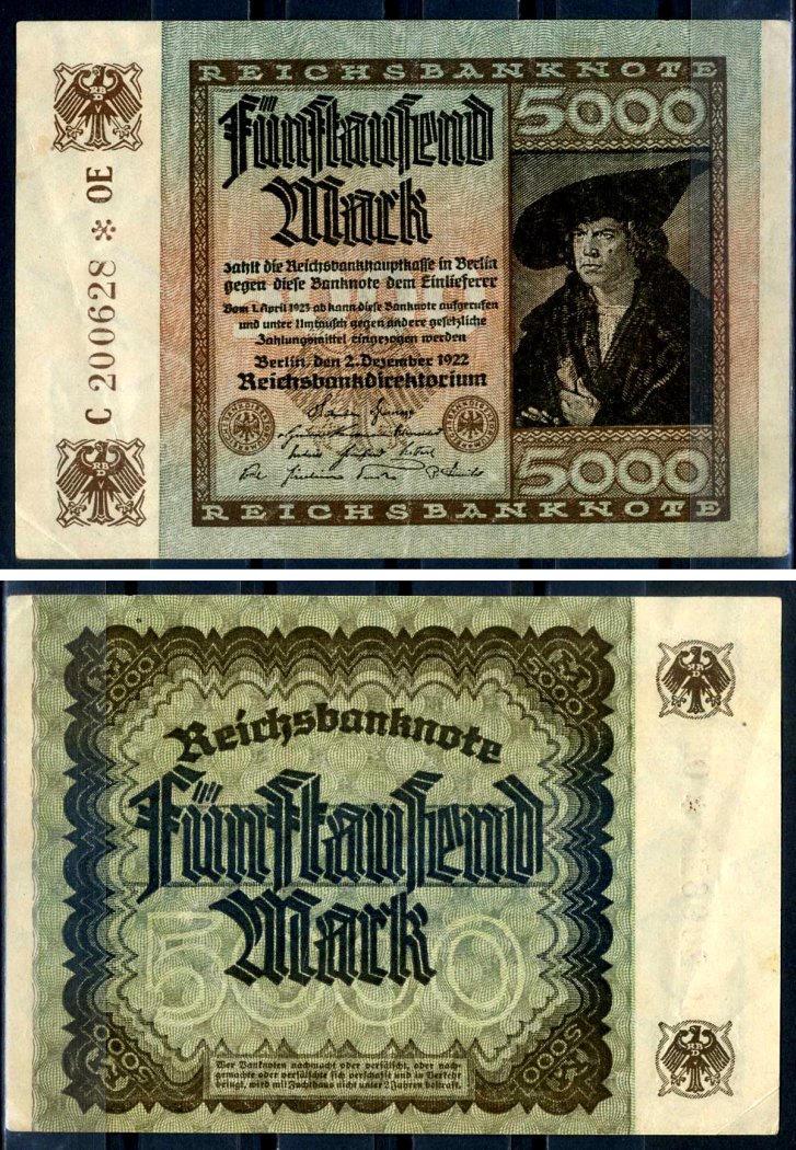 Германия 5000 марок 1922 2 декабря 1922, водяной знак E, серия OE, буква C Pick 81 a бумага 8589-23-3-1