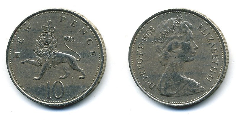 Великобритания 10 пенсов 1968 Елизавета II (1952-2022) KM 912, Spink 4231 (F1) медно-никель  4110-1116