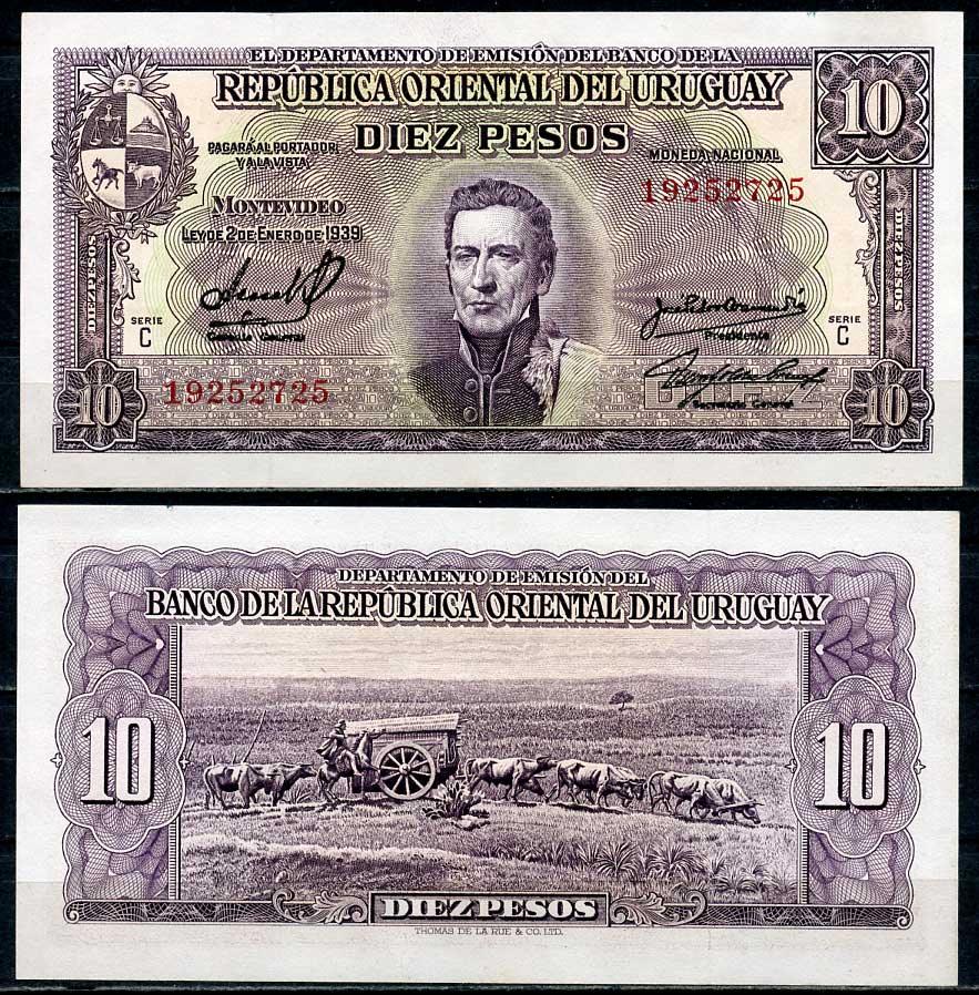 Уругвай 10 песо 1939 Хосе Хервасио Артигас, памятник повозке, Монтевидео, серия C Pick 37 c  бумага   444-101-1-2