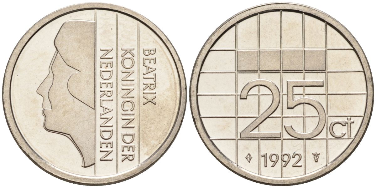 Нидерланды 25 центов 1992 Беатрикс (1980-2013) KM 204 никель UNC 4588-921