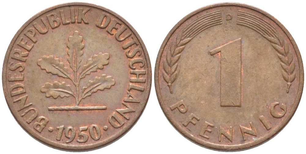 ФРГ 1 ПФЕННИГ 1950 D KM 105, J. 380 сталь плакированная медью 116-347