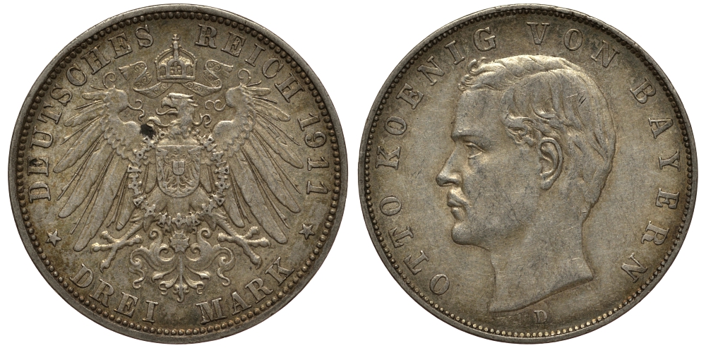 Бавария 3 марки 1911 Отто (1886-1913) Weege 45, J. 47, KM 515 серебро 3711-2015