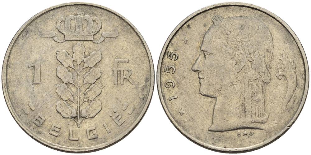 БЕЛЬГИЯ 1 ФРАНК 1955 BELGIE KM 143.1 медно-никель 4546-342
