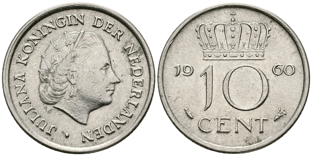 НИДЕРЛАНДЫ 10 ЦЕНТОВ 1960 ЮЛИАНА KM 182 никель 96-444