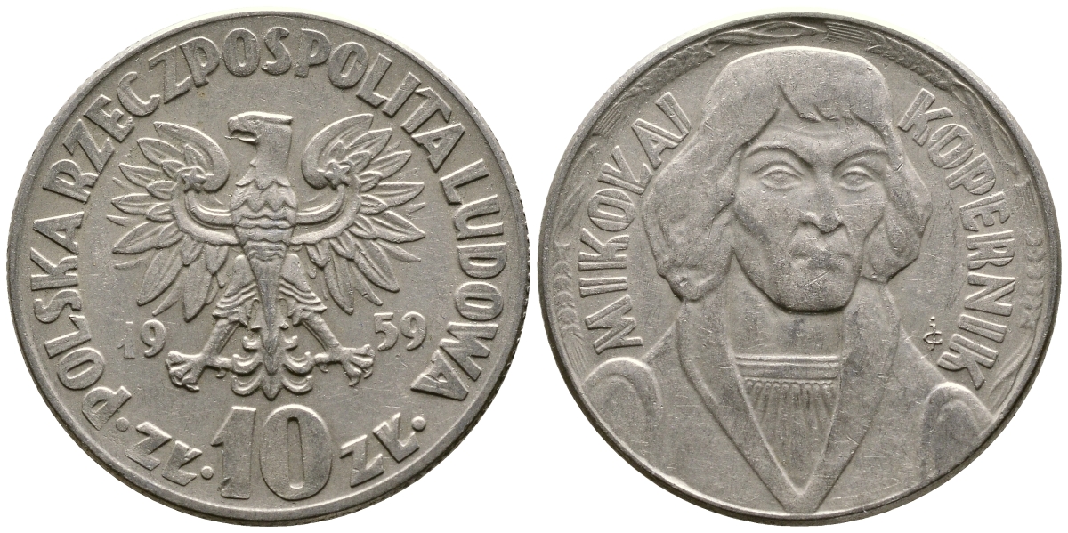 ПОЛЬША 10 ЗЛОТЫХ 1959 НИКОЛАЙ КОПЕРНИК KM 51 медно-никель 3334-323