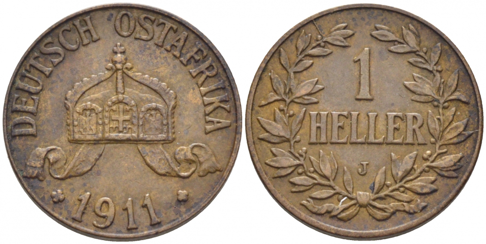 Немецкая Восточная Африка (Танзания) 1 геллер 1911 J, Ost-Africa Jaeger 716, KM 7 бронза 4448-444