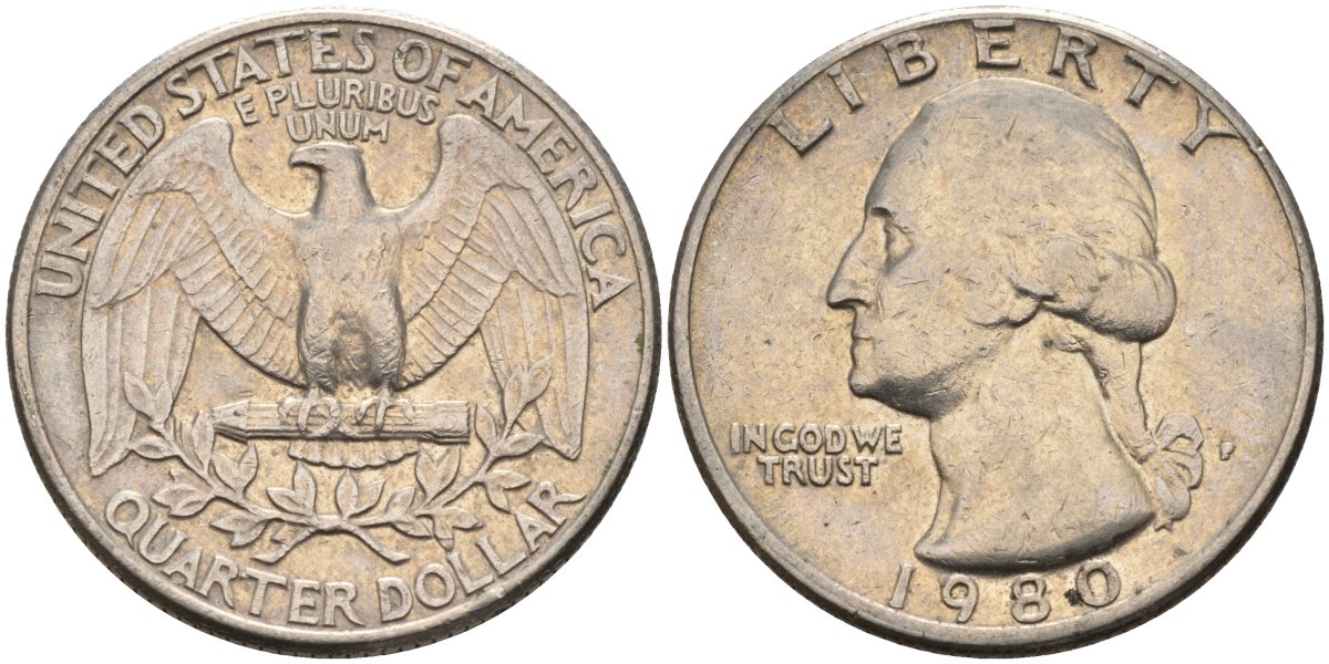 США 25 центов (квотер) 1980 D, Вашингтон KM A164a медь плакированная медно-никелем 4592-221