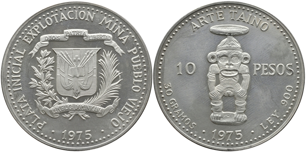 Доминиканская Республика 10 песо 1975 TAINO ART KM 38 серебро PROOF 00-00