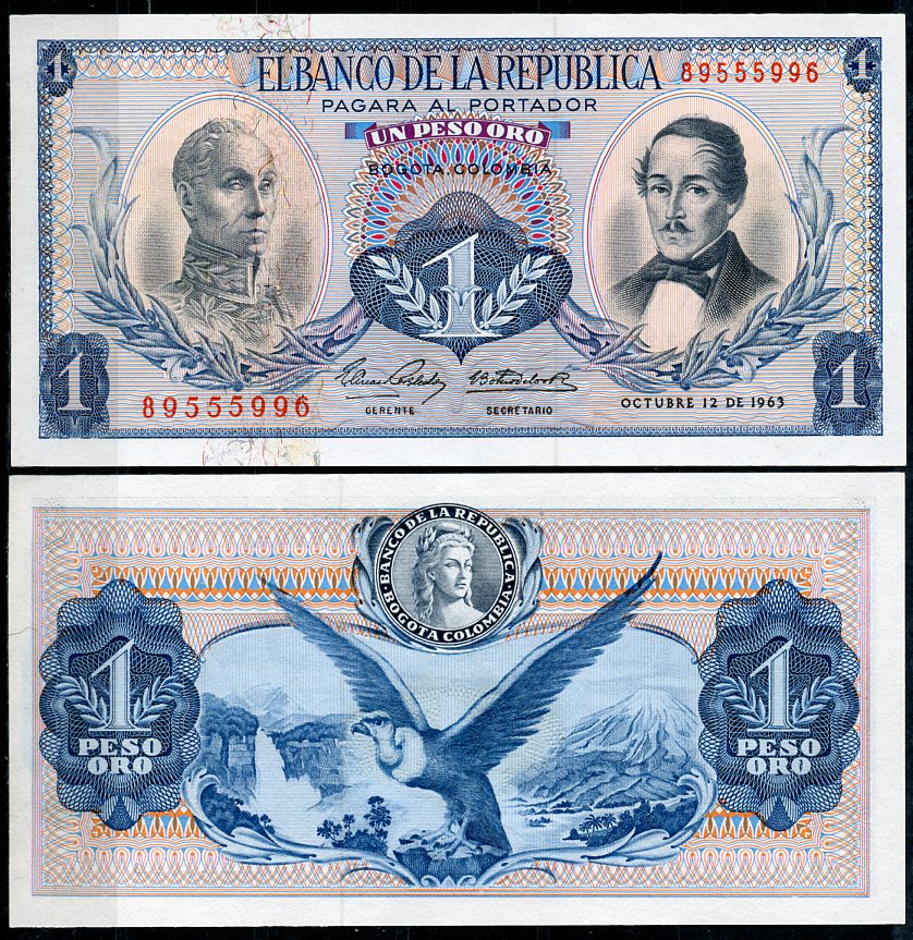 Колумбия 1 песо 1963 Симон Боливар, генерал Франсиско де Паула Сантандер, 12 октября 1963 Pick 404 b  бумага  UNC (пресс) 449-83-2