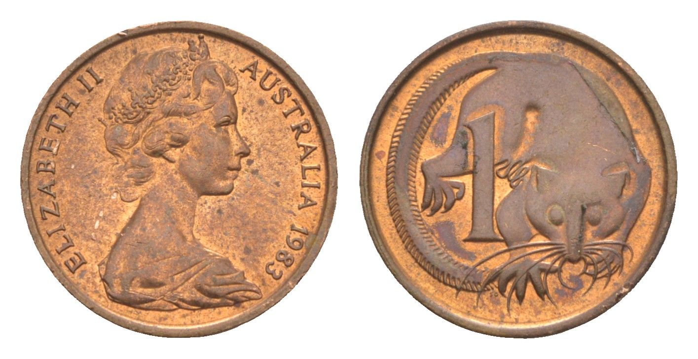 Австралия 1 цент 1983 Елизавета II (1952-2022), молодой портрет, опоссум KM 62 бронза UNC 4585-725