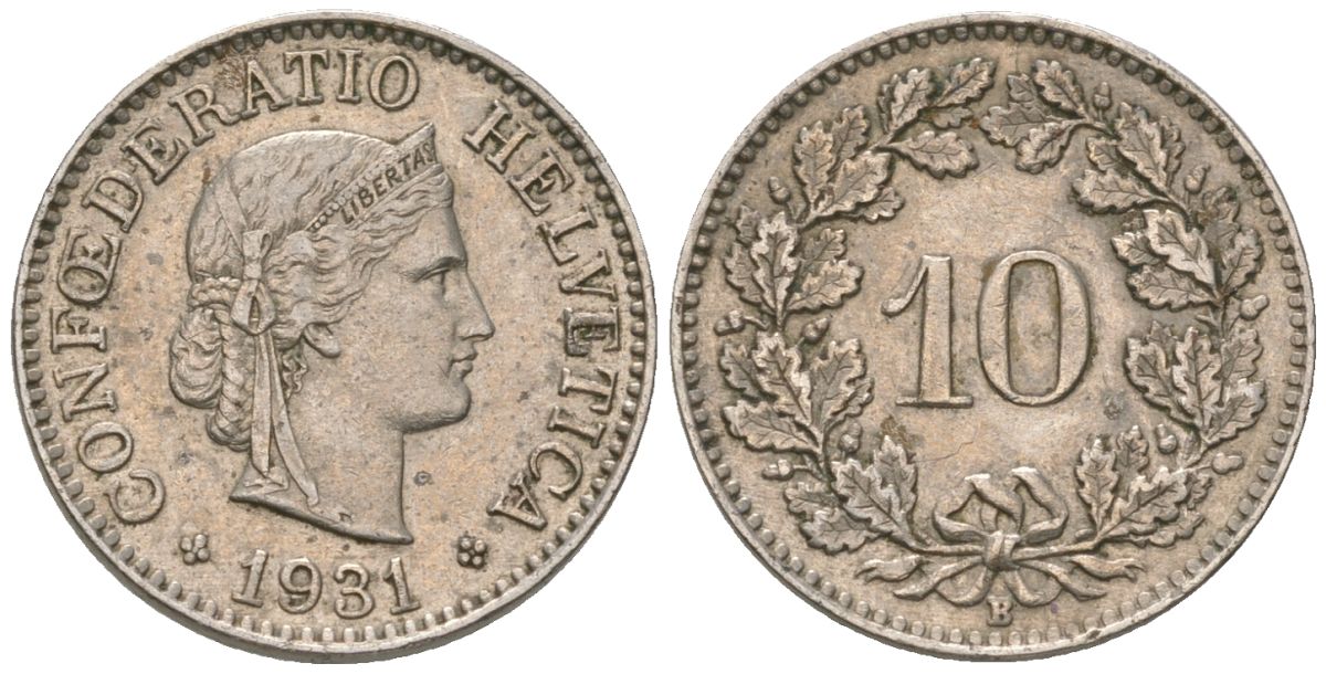 Швейцария 10 раппенов 1931 B KM 27 медно-никель 220-256