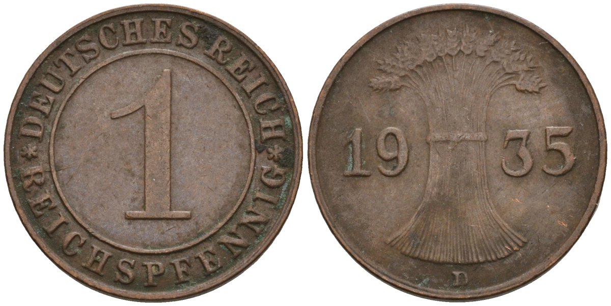 Германия 1 рейхспфенниг 1935 D KM 37, J. 313 бронза 4549-664