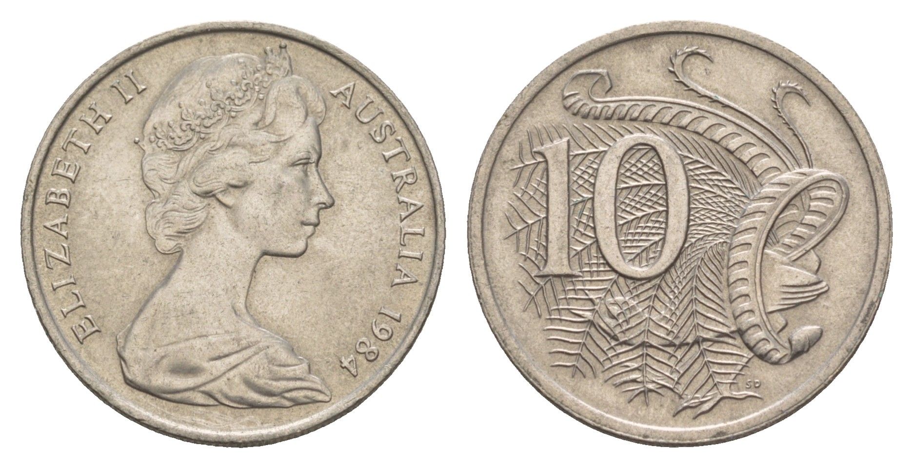 Австралия 10 центов 1984 Елизавета II (1952-2022), птица лирахвост KM 65 медно-никель 4657-152