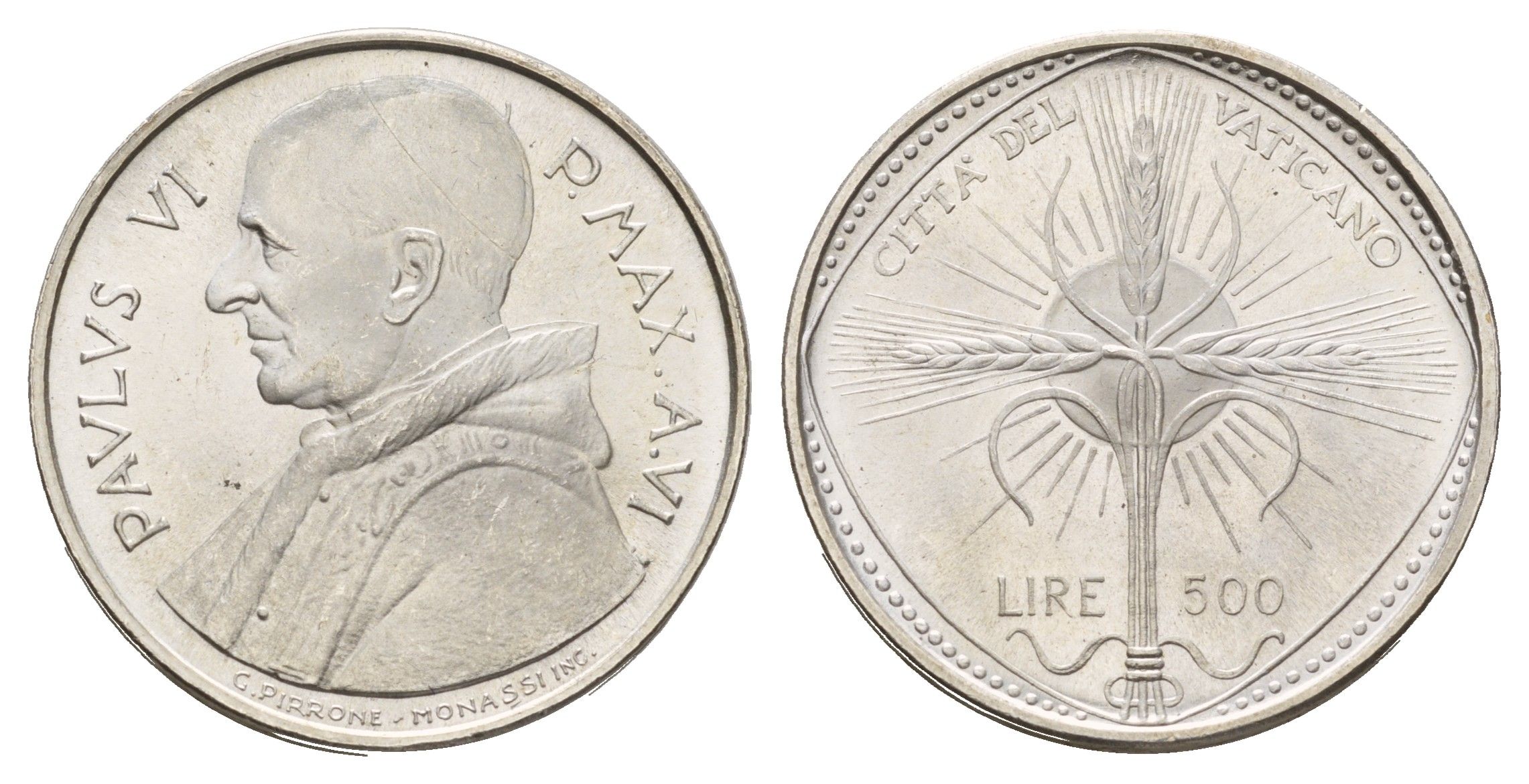 Ватикан 500 лир 1968 MCMLXVIII, год-тип KM 107 серебро UNC 11-134-24