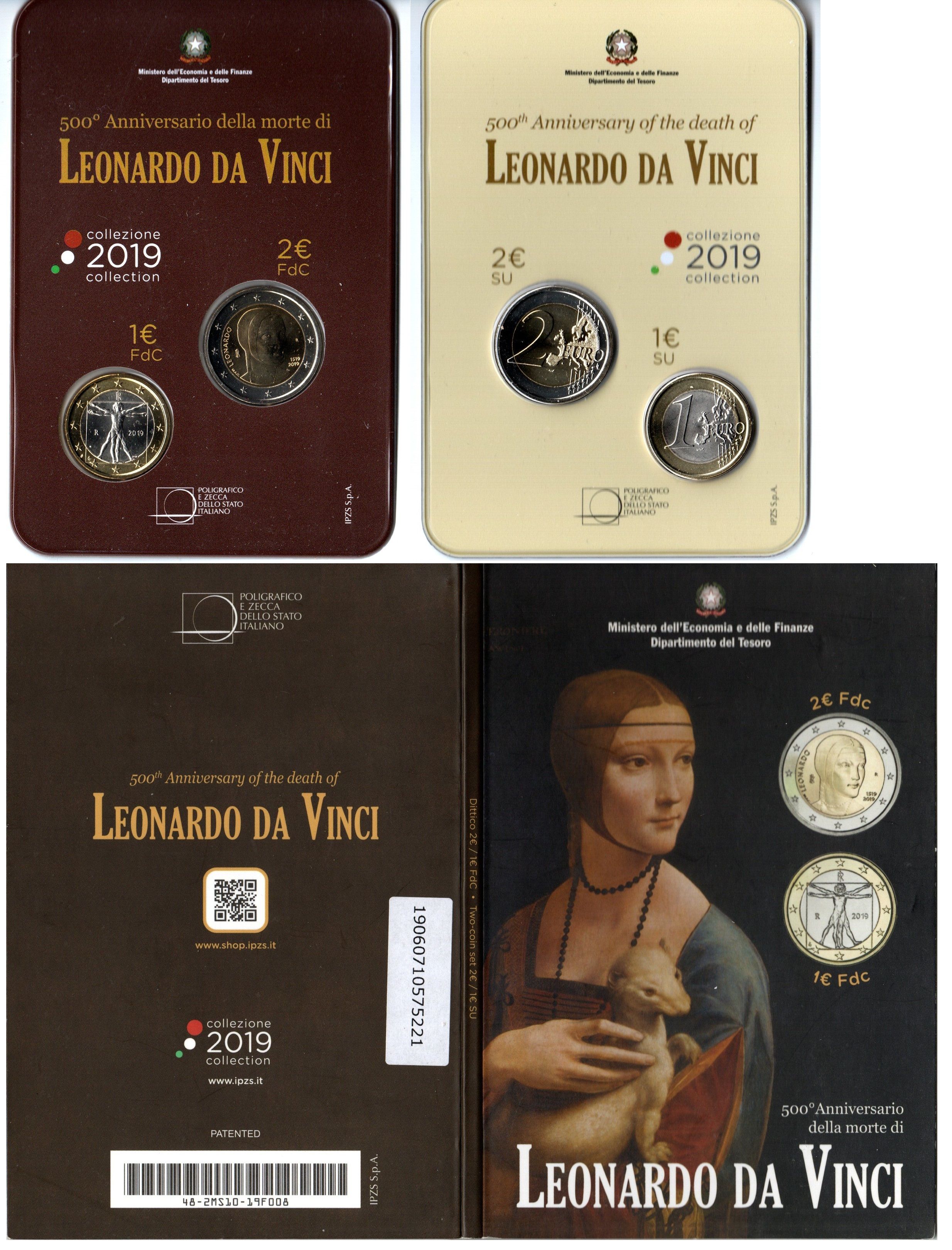 Италия набор из 2 монет (1 и 2 евро) 2019 500 лет со дня смерти Леонардо да Винчи, в оригинальном буклете KM 250 и 426 биметалл BU 8-2-01-54