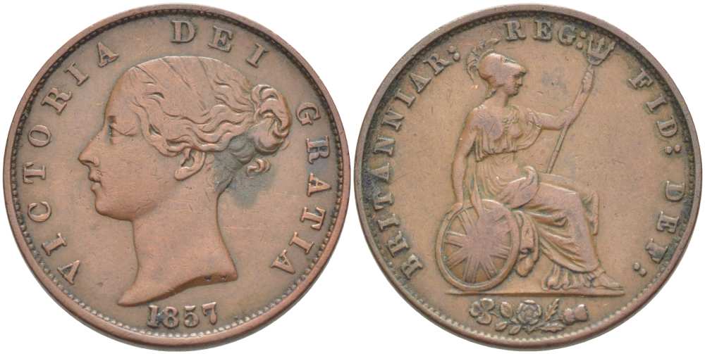 Великобритания 1/2 пенни 1857 Виктория (1837-1901) KM 726, Spink 3949 медь  1518-1345