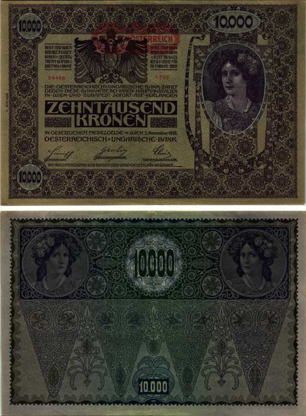 АВСТРИЯ 10000 КРОН 1919 КРАСНАЯ ГОРИЗОНТАЛЬНАЯ НАДПЕЧАТКА НА 1918, II AUFLAGE Pick 66 бумага аUNC 3295-124-1