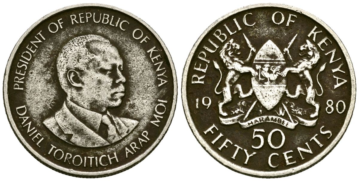 Кения 50 центов 1980 Дэниэл арап Мои KM 19 медно-никель 4138-516