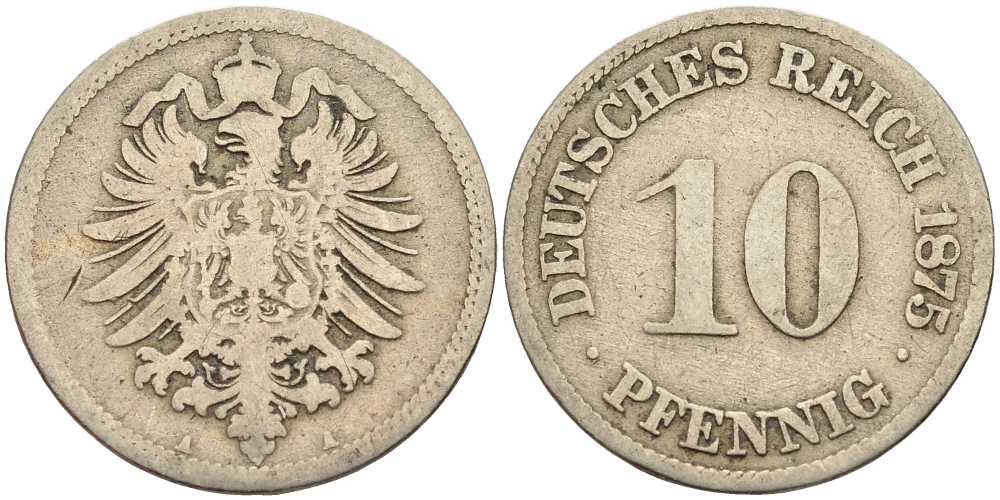 ГЕРМАНИЯ 10 ПФЕННИГОВ 1875 A, СТАРОГЕРБОВКА KM 4, J. 4 медно-никель 4401-246