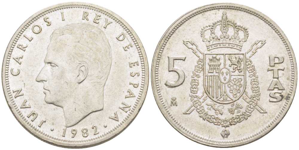 ИСПАНИЯ 5 ПЕСЕТ 1982 ХУАН КАРЛОС I (1975-) KM 823 медно-никель 213-155