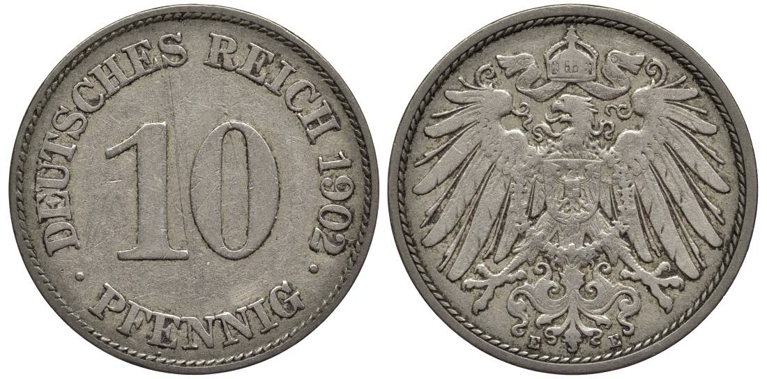 Германия 10 пфеннигов 1902 E KM 12, Jager 13, Weege 8 медно-никель 219-347