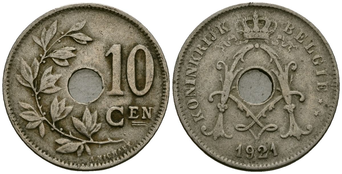 Бельгия 10 сантимов 1921 Belgie KM 86 медно-никель 4172-617