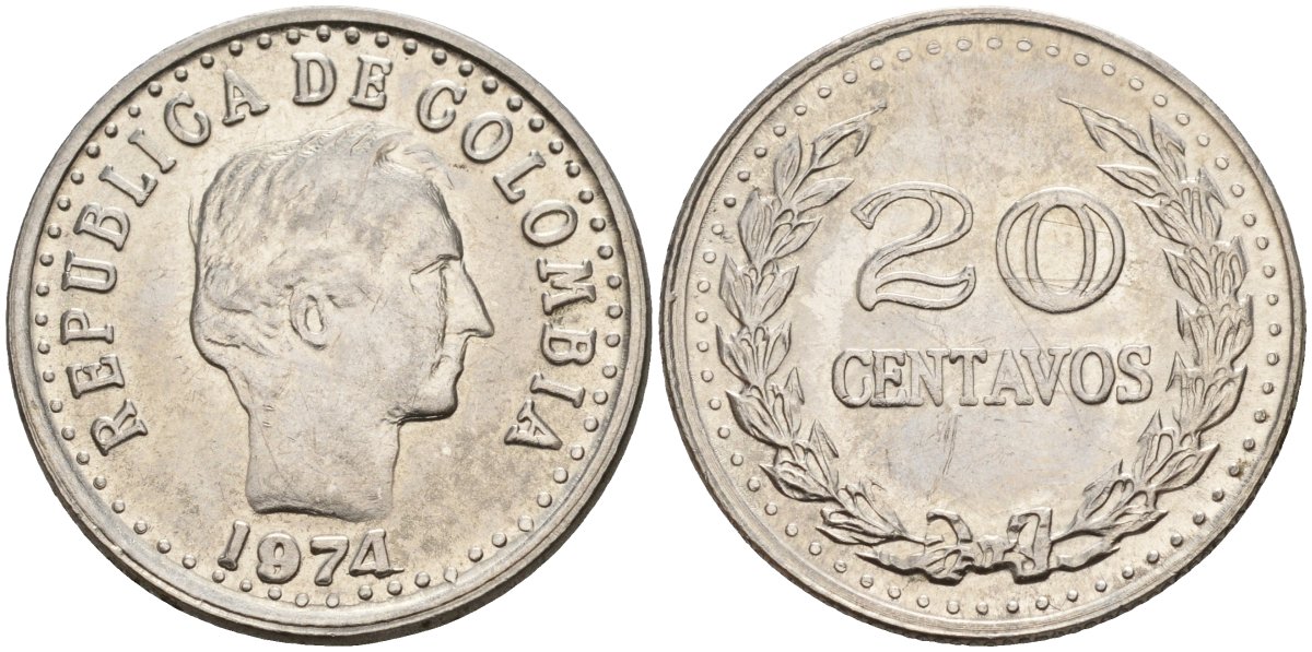 Колумбия 20 сентаво 1974 Симон Боливар KM 246 сталь плакированная никелем 4538-231