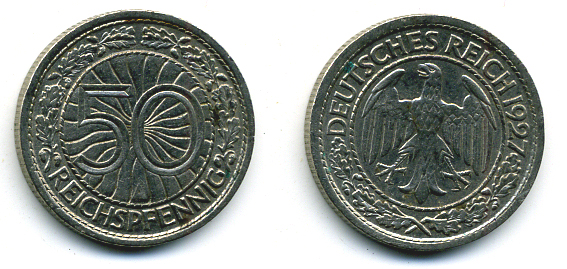 Германия 50 рейхспфеннигов 1927 A KM 49, J. 324 никель 58-164