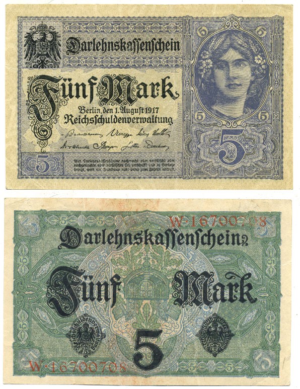 ГЕРМАНИЯ 5 МАРОК 1917 ВОСЕМЬ ЦИФР В НОМЕРЕ Pick 56b бумага 7207-47-3