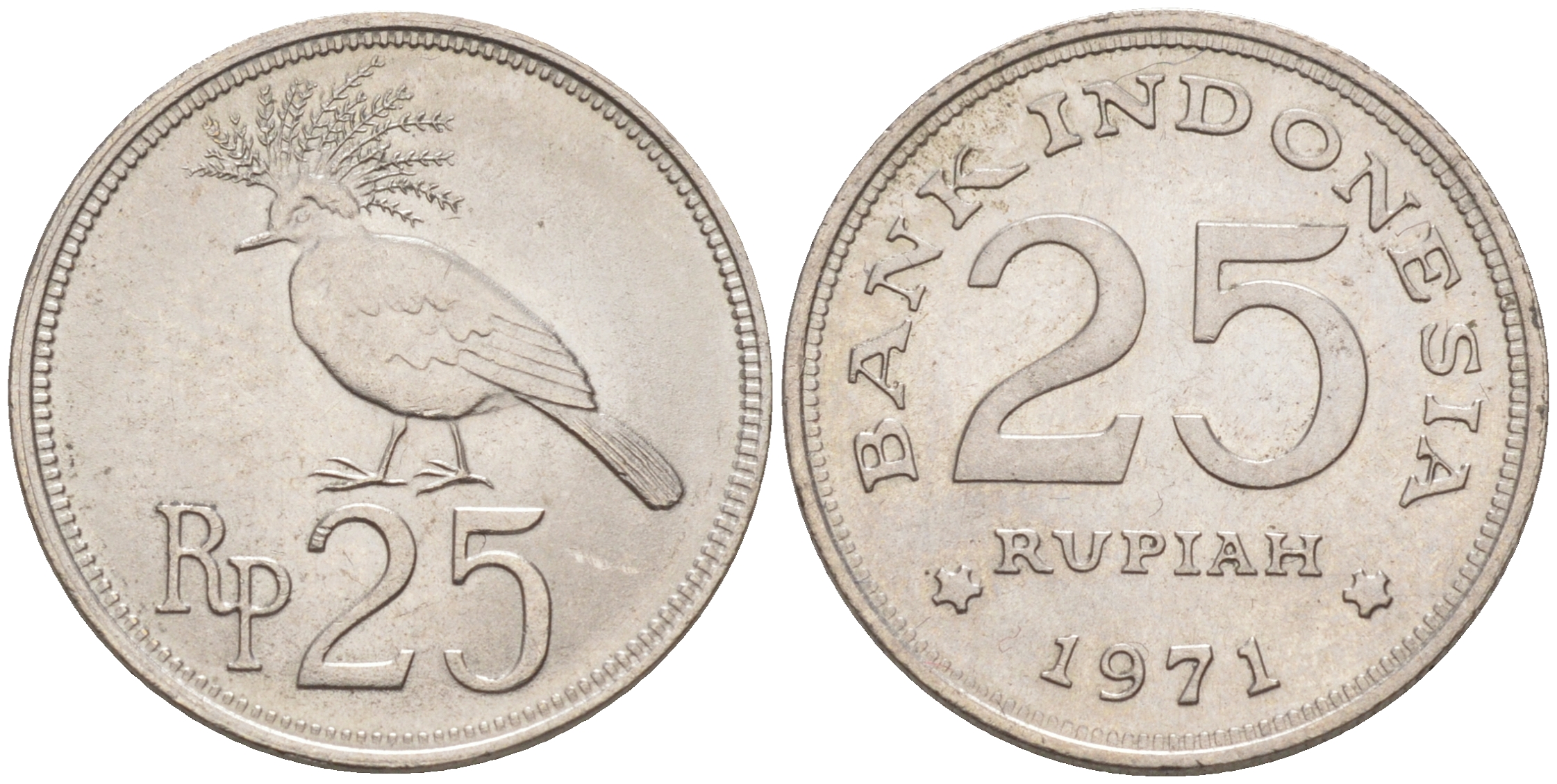 Индонезия 25 рупий 1971 венценосный голубь KM 34 медно-никель 100-218