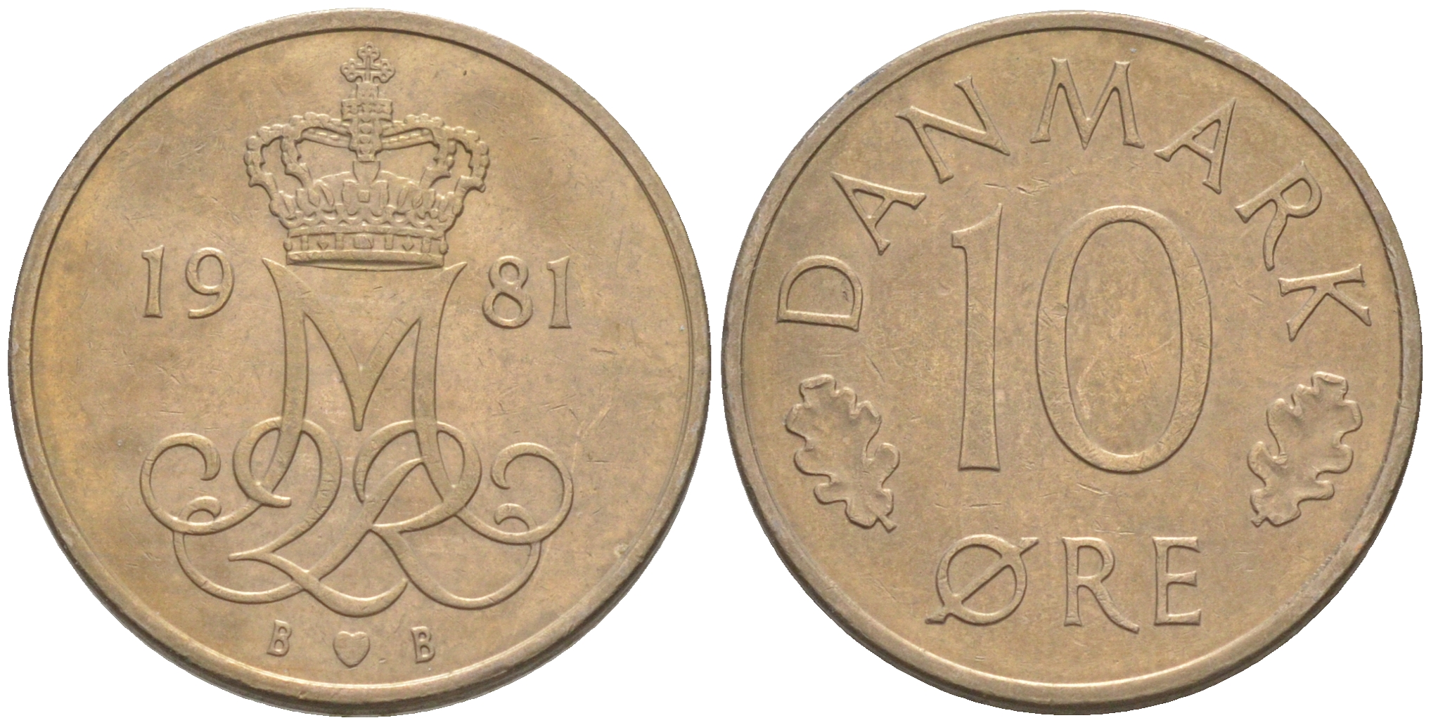 ДАНИЯ 10 ЭРЕ 1981 B; B, МАРГРЕТЕ II (1972-) KM 860.2 медно-никель UNC 187-668