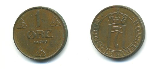 НОРВЕГИЯ 1 ЭРЕ 1940 KM 367 бронза 04-1022