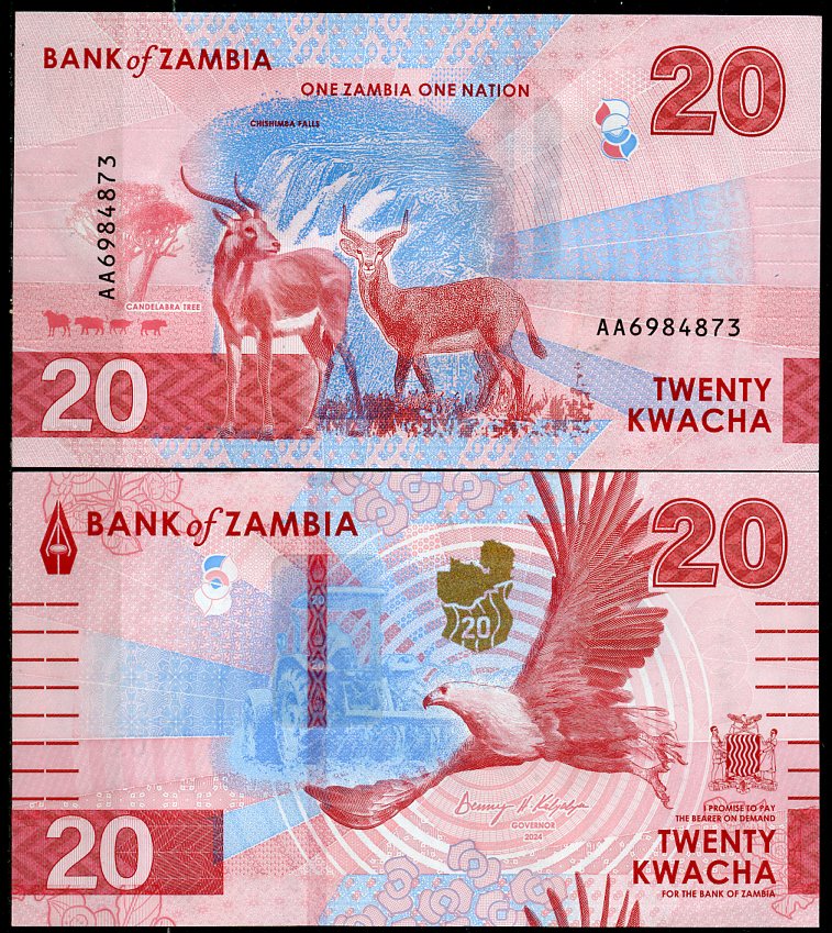 Замбия 20 квача 2024 орел, трактор, водопад, кудус Pick 63  бумага  UNC (пресс) 448-125-1