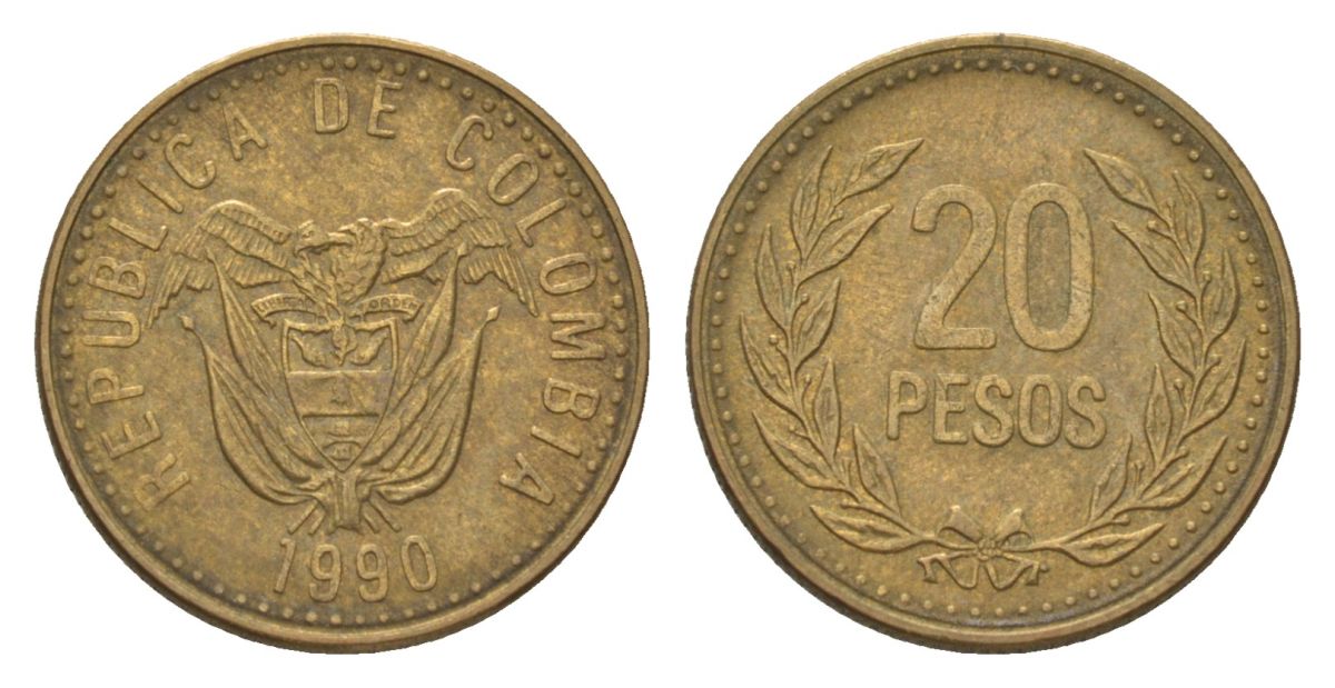 Колумбия 20 песо 1990 KM 282 алюминиевая бронза 4627-826