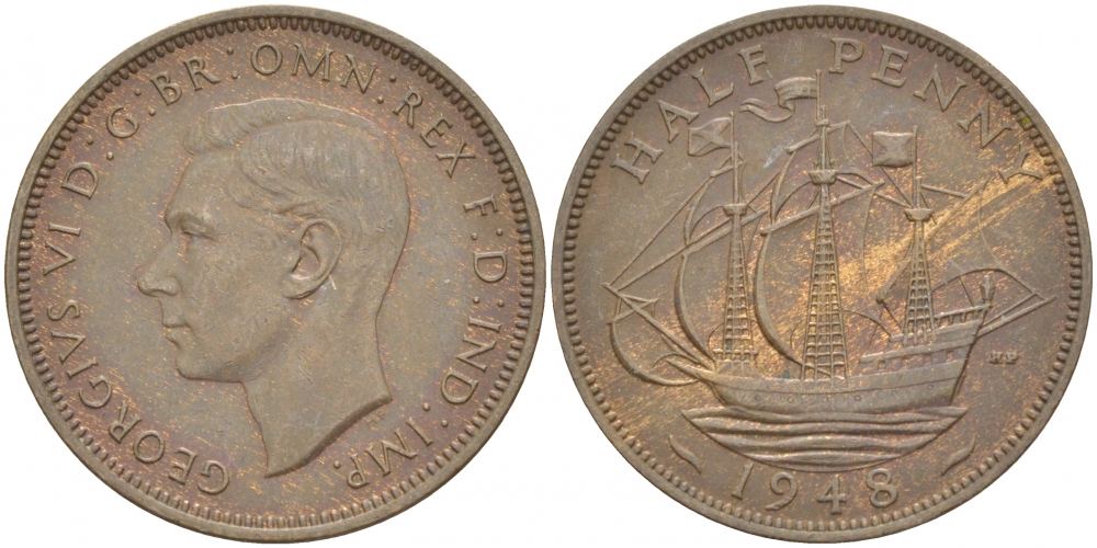 Великобритания 1/2 пенни 1948 Георг VI (1936-1952) KM 844, Spink 4115 бронза 4681-112
