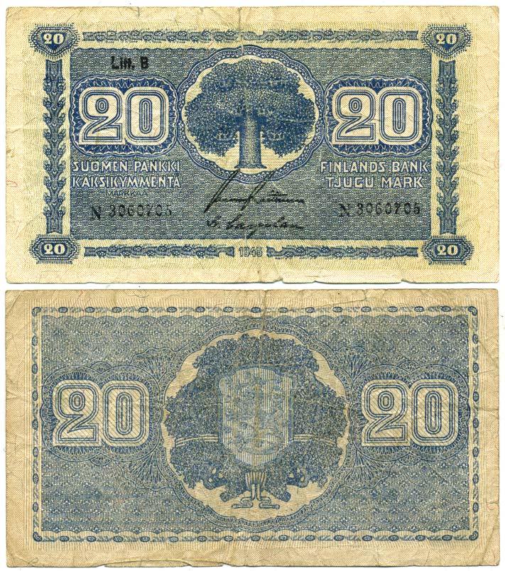 Финляндия 20 марок 1945 литера "B"  Pick 86a (14) бумага 7523-35-2